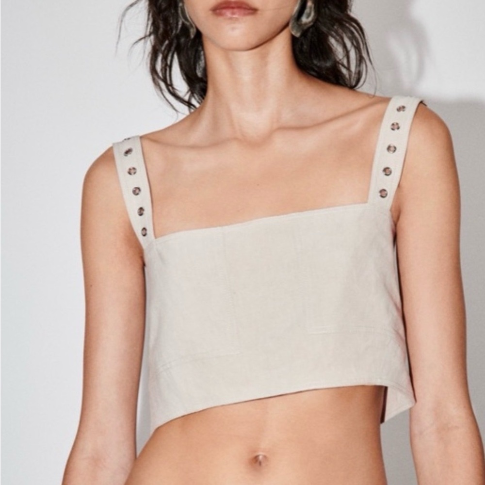 Zara Linen Cream Crop Tank Top with Studded Straps